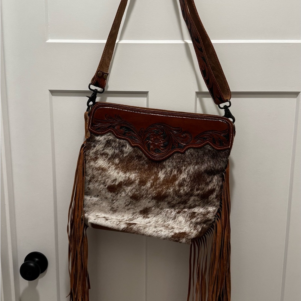 MYRA BAG FRINGED HAND-TOOLED COW HIDE BAG